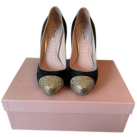 Miu Miu Calzature Donna Lame Pumps Black Gold Glitter Calf hair Heels Size 38 - Picture 2 of 10